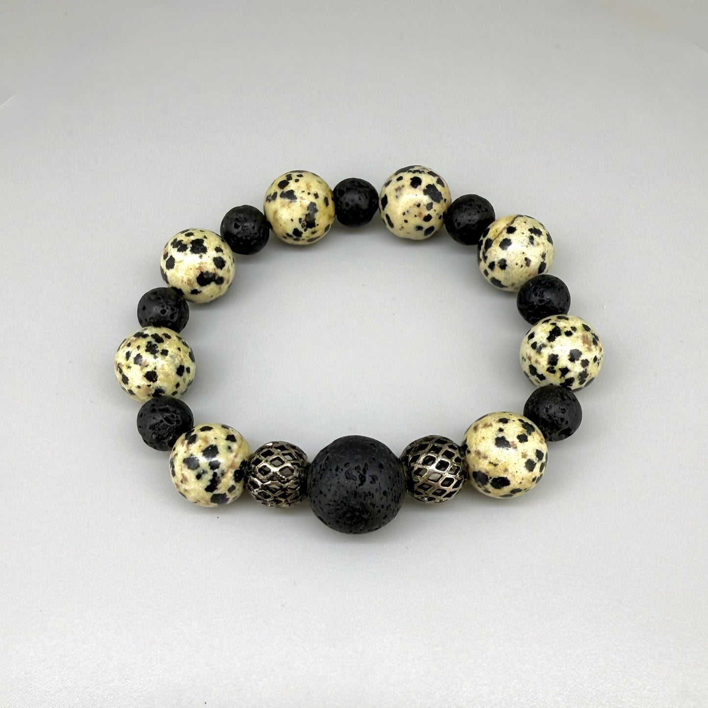 Jasper and lava beaded bracelet, 18cm, natural earthy jasper and matte black lava stone beads on elastic stretch band.