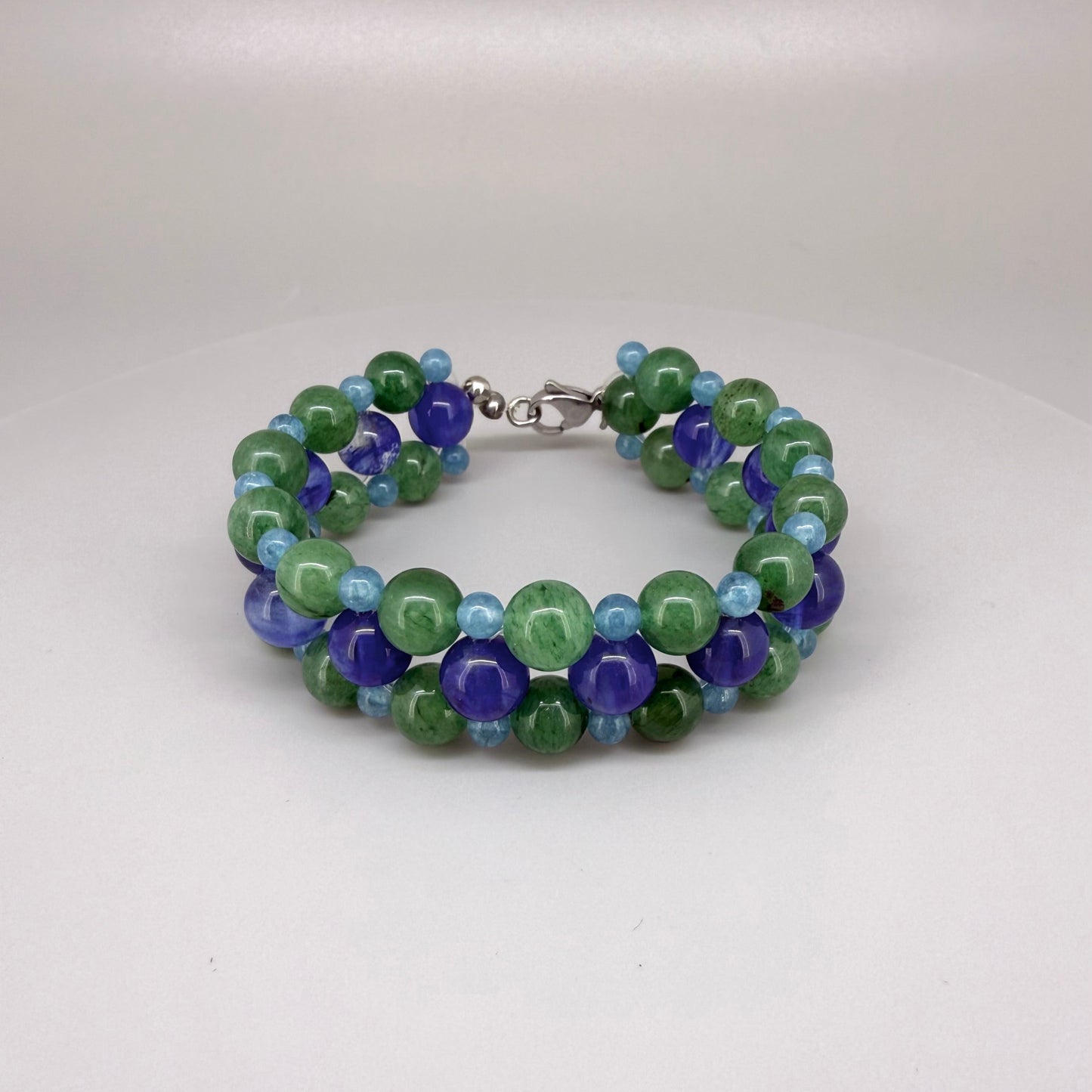 Natural aventurine and blue quartz beaded bracelet, natural green and light blue gemstone beads with lobster claw clasp.
