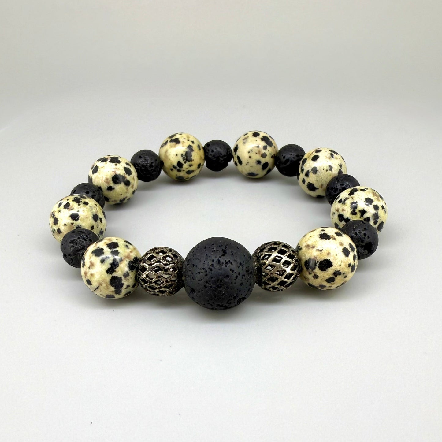 Jasper and lava beaded bracelet, 18cm, natural earthy jasper and matte black lava stone beads on elastic stretch band.