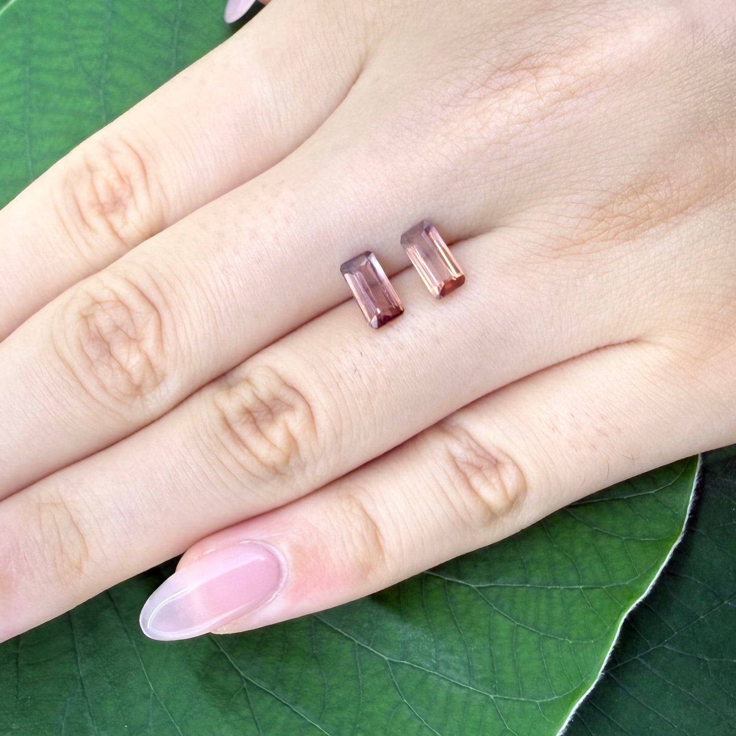 Loose Peach Zircon gemstone set, emerald cut