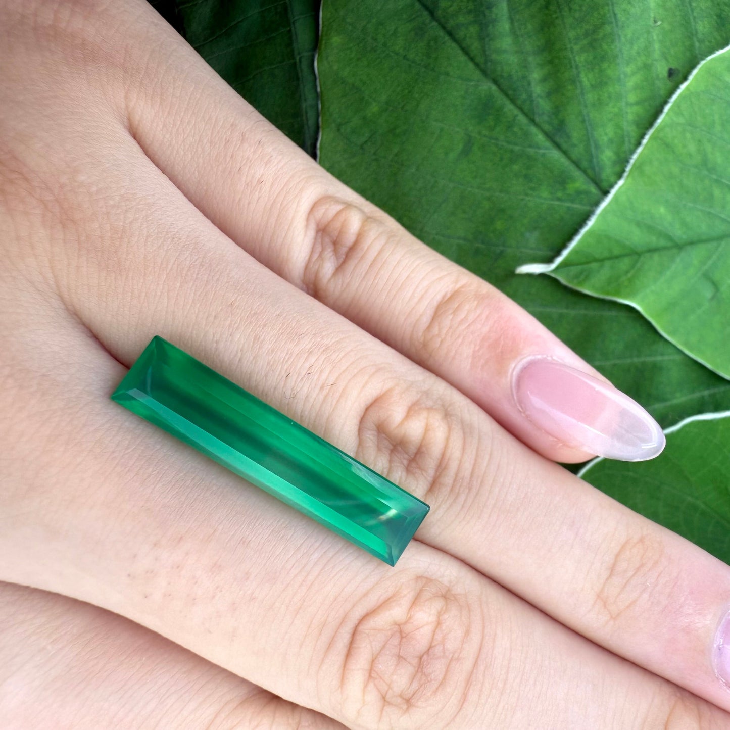 Natural Vibrant Green White Chalcedony gemstone, baguette cut