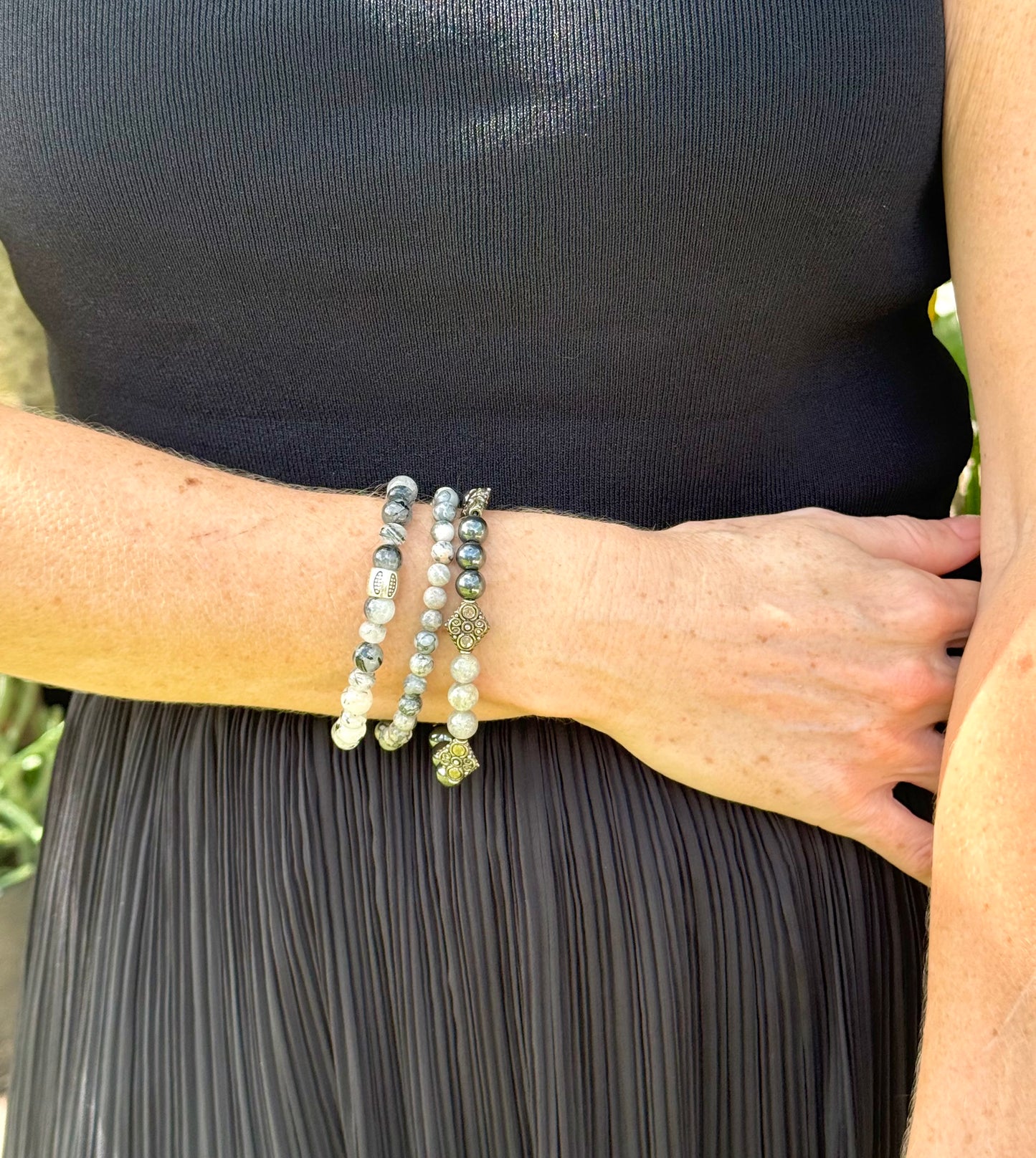 Jasper beaded bracelet, natural grey, black, and white marbled gemstone beads on elastic stretch band.