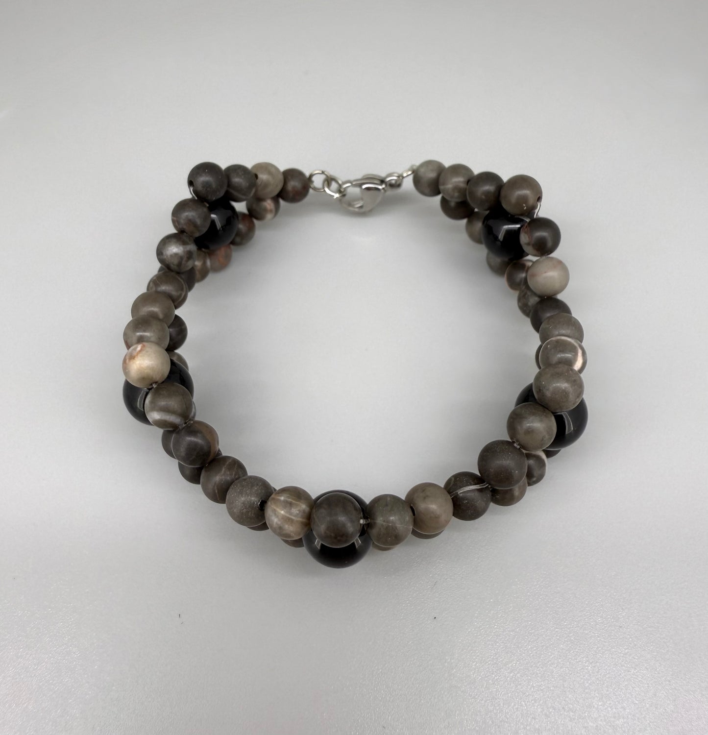 Jasper and onyx beaded bracelet, earthy brown and black natural gemstone beads with lobster claw clasp.