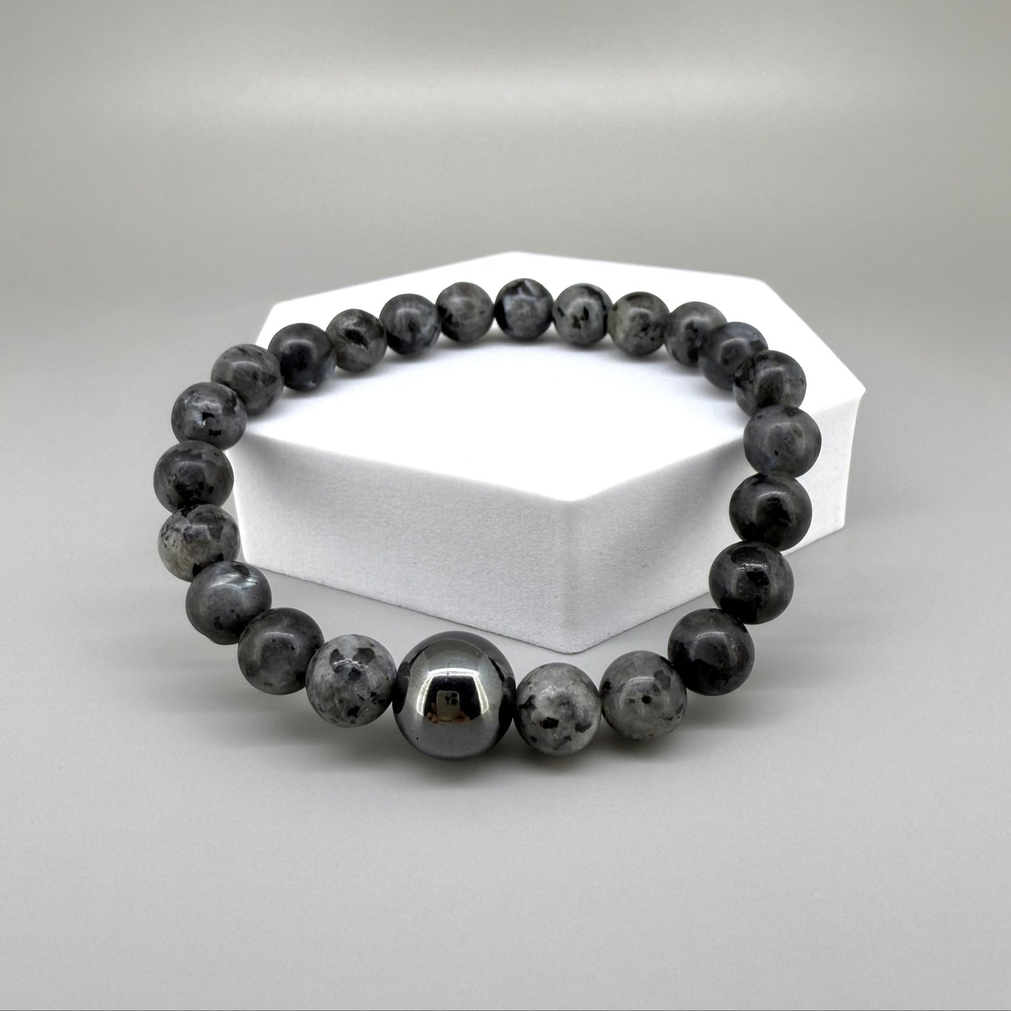 Labradorite beaded bracelet, 20cm, natural grey to black gemstone beads with subtle flashes on elastic stretch band.