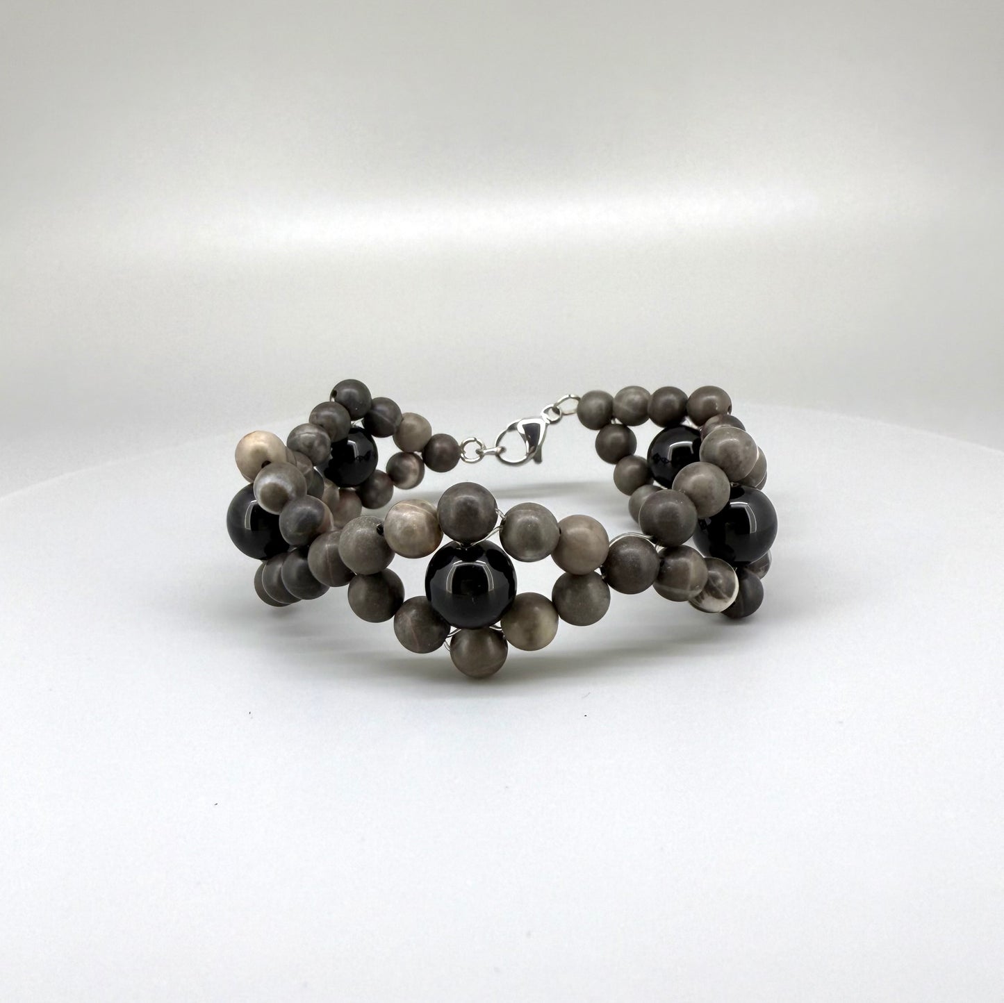 Jasper and onyx beaded bracelet, earthy brown and black natural gemstone beads with lobster claw clasp.