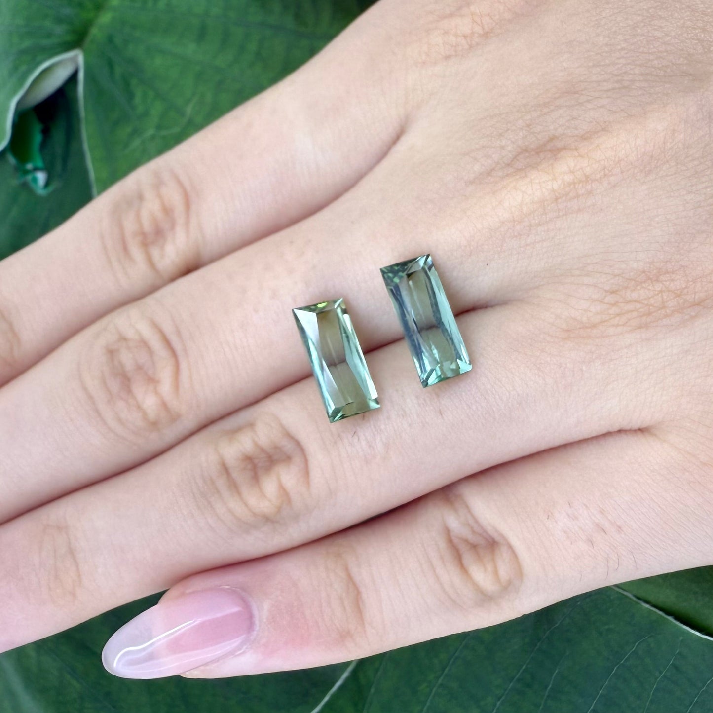 Loose Pale Green Hues Tourmaline gemstone set, radiant cut