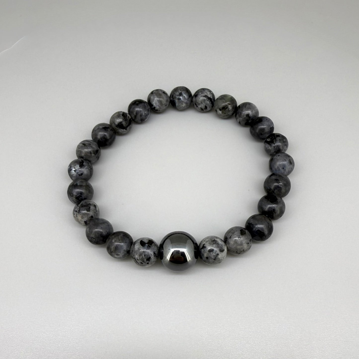 Labradorite beaded bracelet, 20cm, natural grey to black gemstone beads with subtle flashes on elastic stretch band.