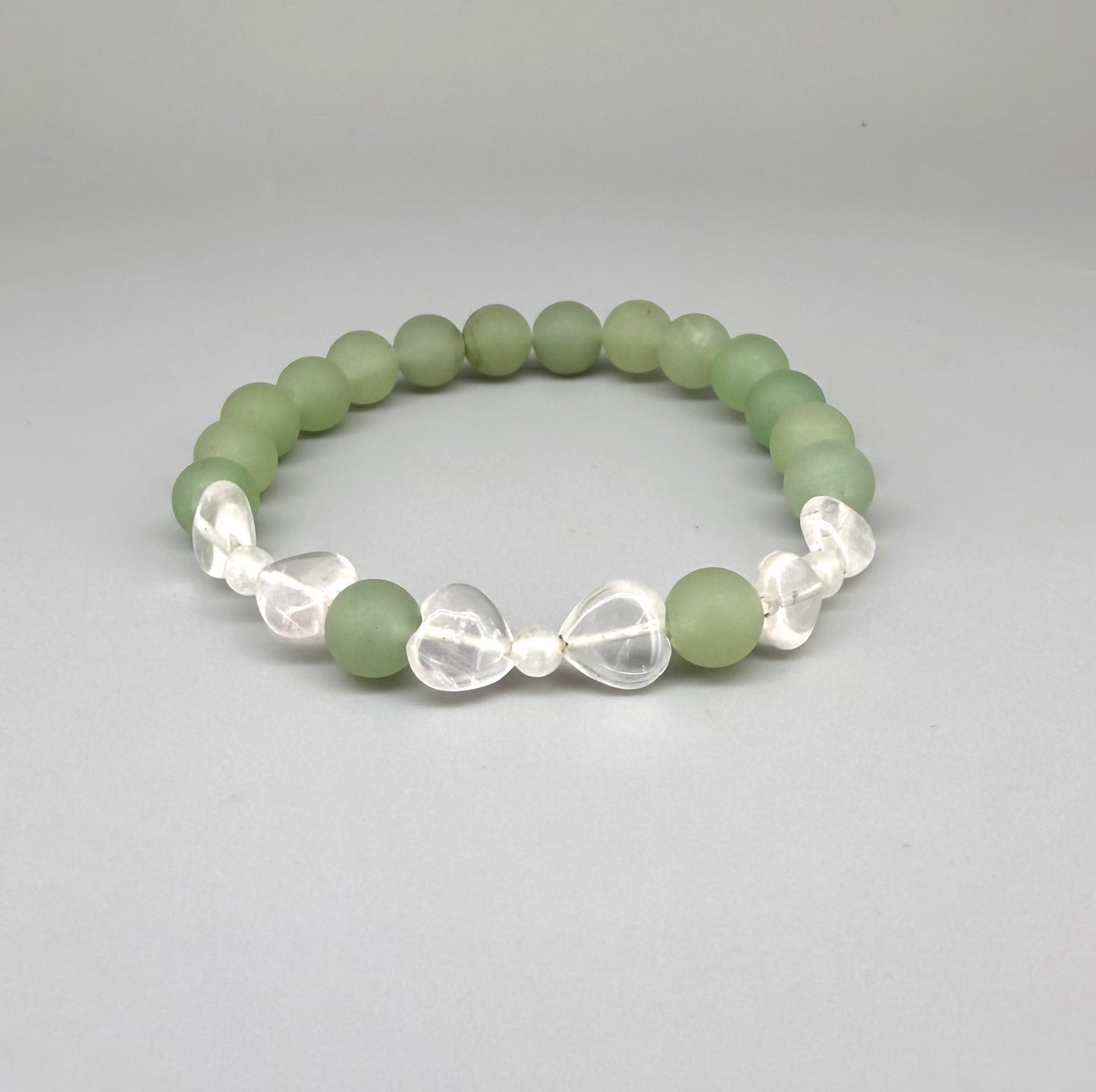 Aventurine and rose quartz beaded bracelet, 18cm, green gemstone beads with larger pink rose quartz accents on elastic stretch band.