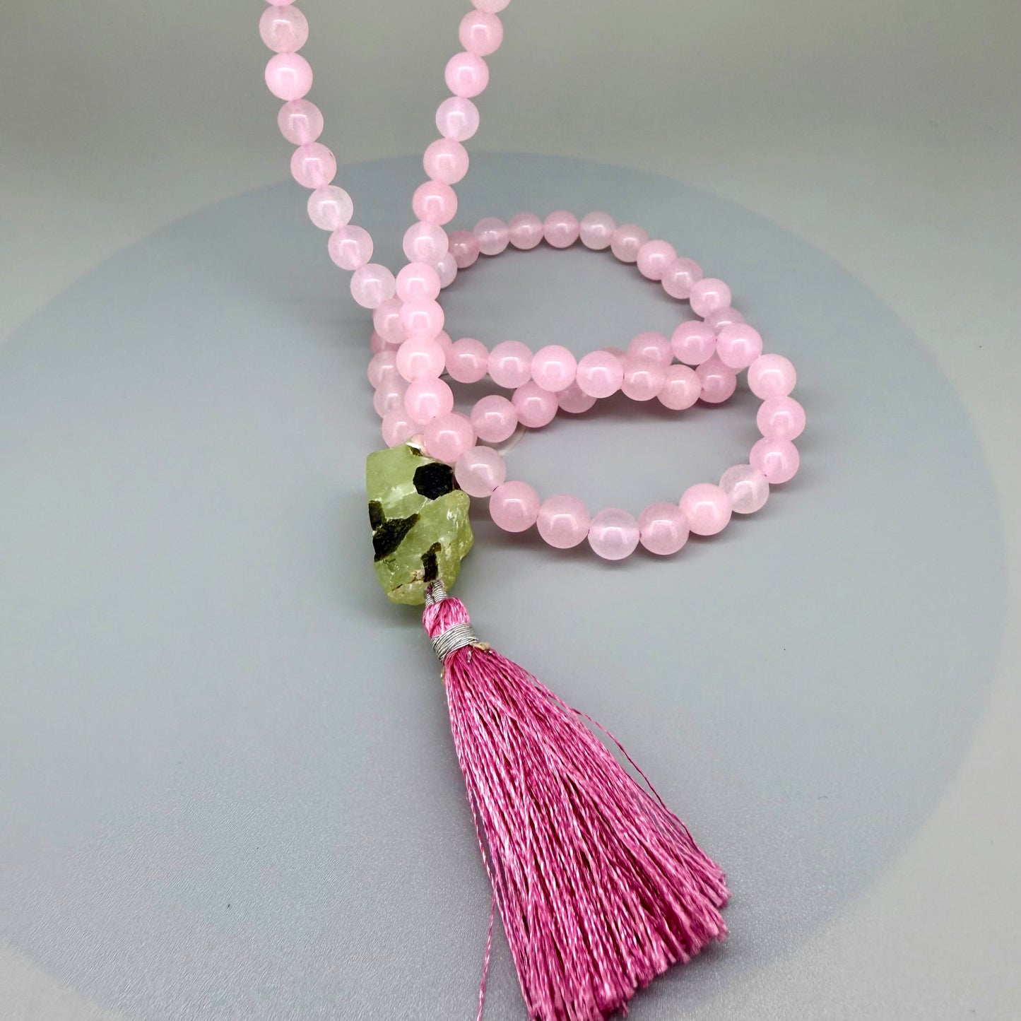 Rose Quartz mala necklace – natural gemstone beads, handmade meditation jewelry
