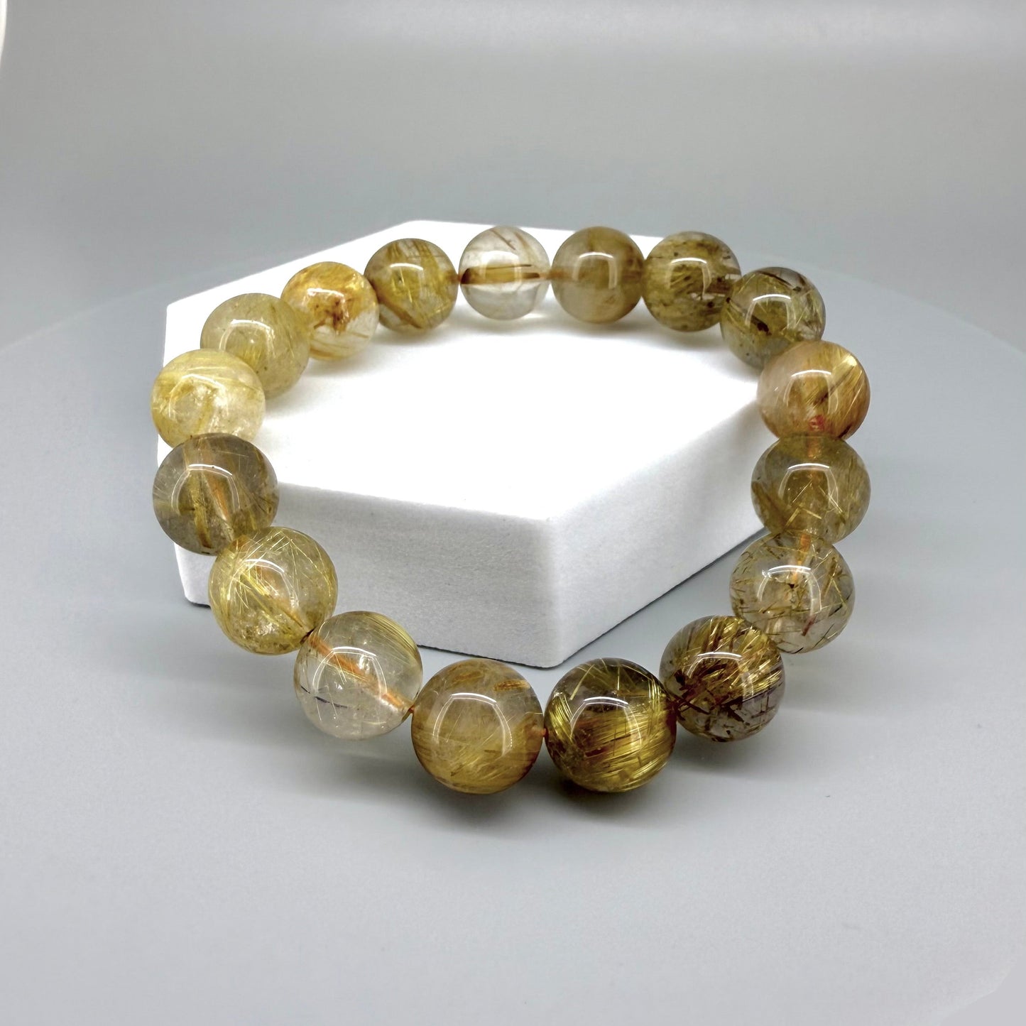 Rutilated quartz beaded bracelet, 18cm, natural gemstone beads with golden rutile threads on elastic stretch band