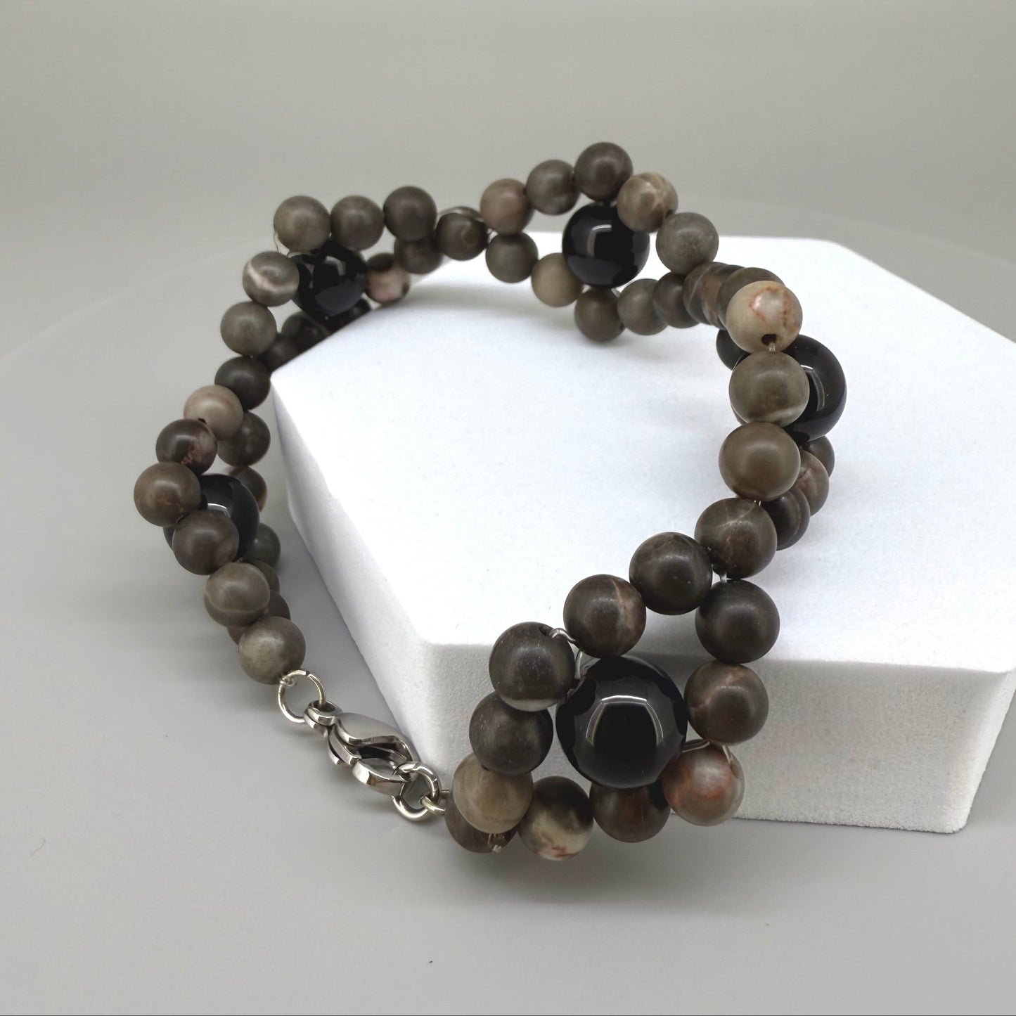 Jasper and onyx beaded bracelet, earthy brown and black natural gemstone beads with lobster claw clasp.