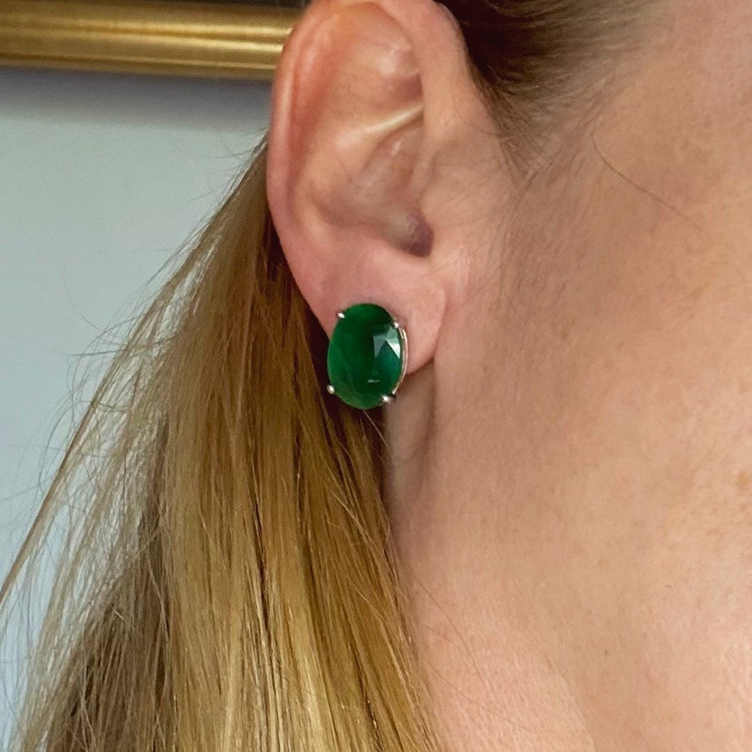 Green agate stud earrings in white gold plated sterling silver with butterfly backs.