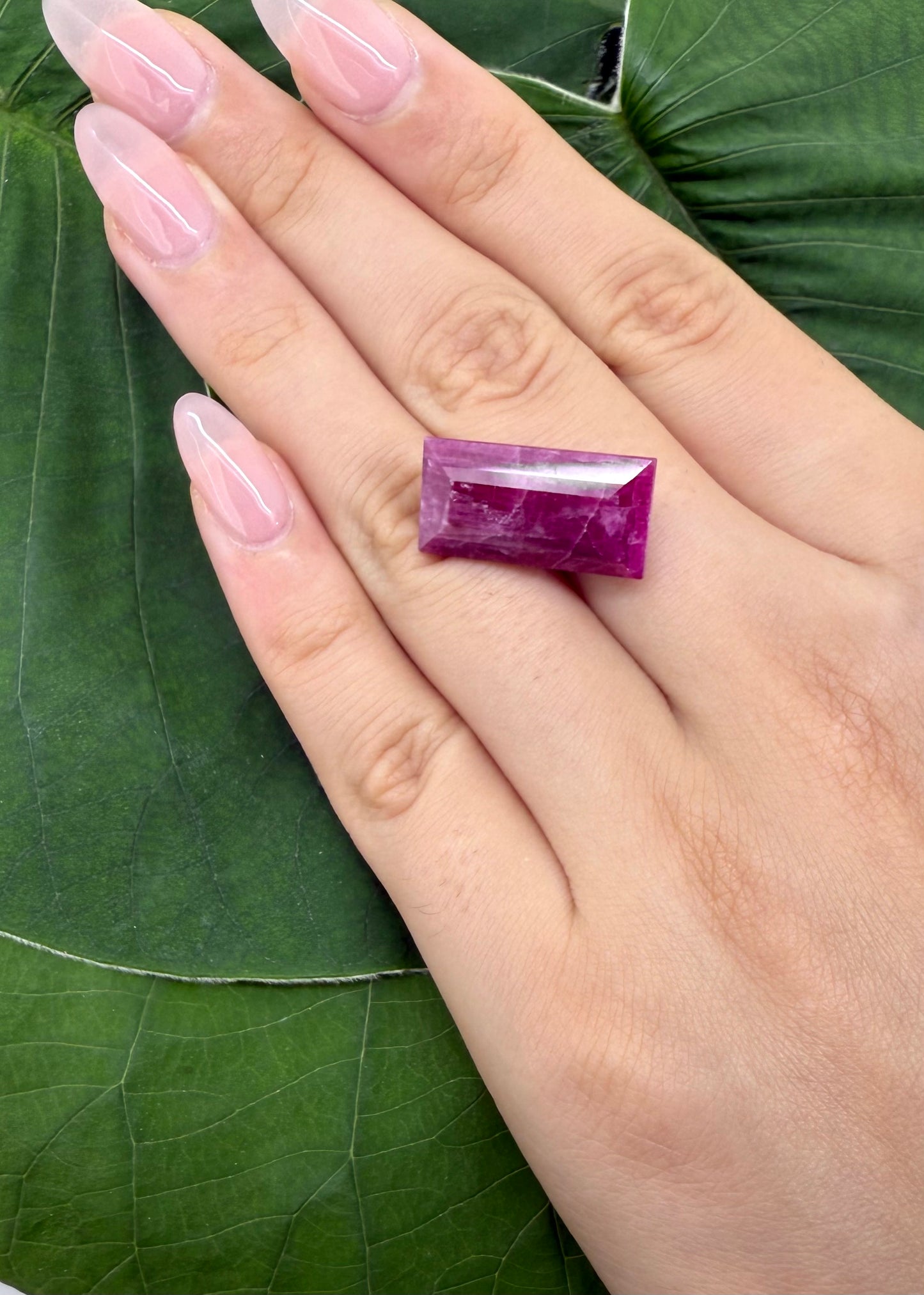 Big Pinkish Red Marbled Ruby Baguette 19.3 Ct