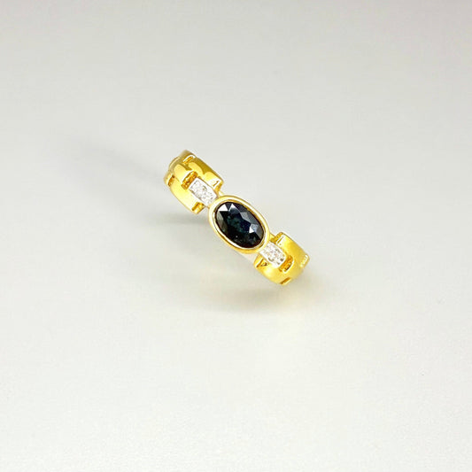 23k gold ring with 0.49 ct Laos sapphire and diamonds, deep blue gemstone in elegant classic setting, size 52.