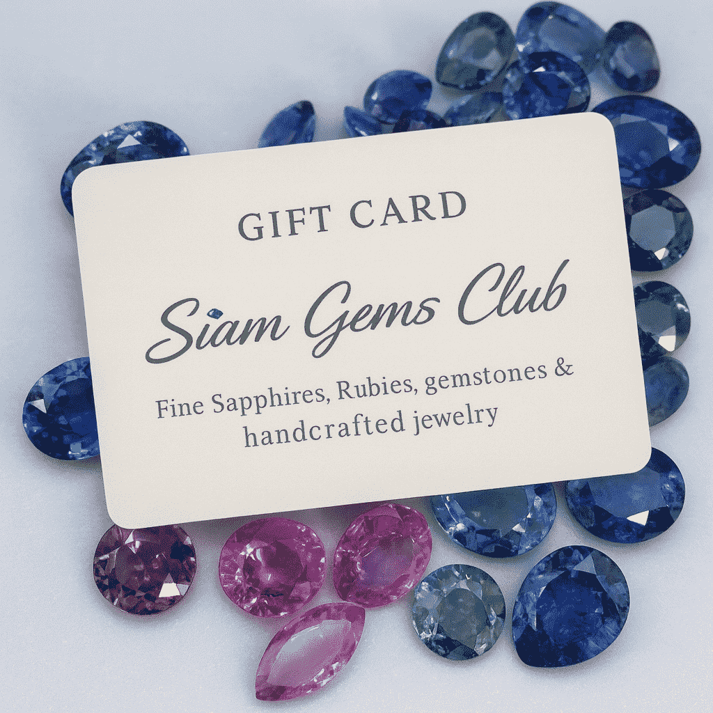 Gift card for Siam Gems Club surrounded by gemstones on a light background