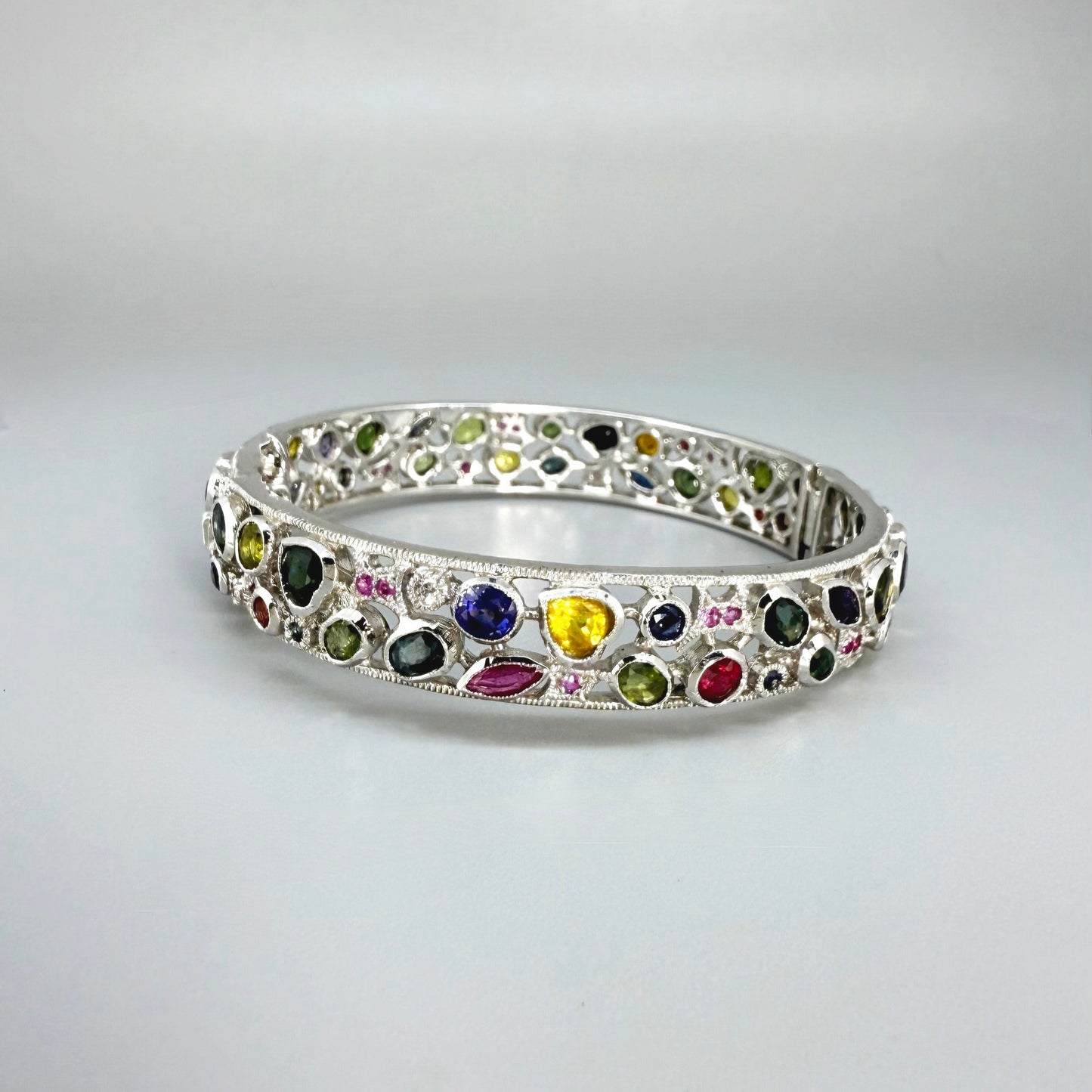 White gold plated silver bangle with  Sapphire multicolor