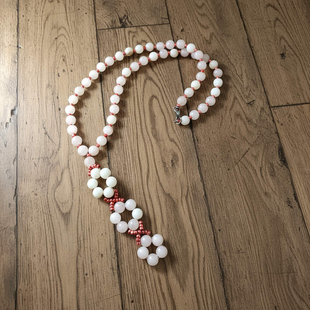 Rose quartz jewelry set with necklace and bracelet, featuring pink and red floral beads, necklace 42 cm / 16.5 in, bracelet 18 cm / 7.1 in.