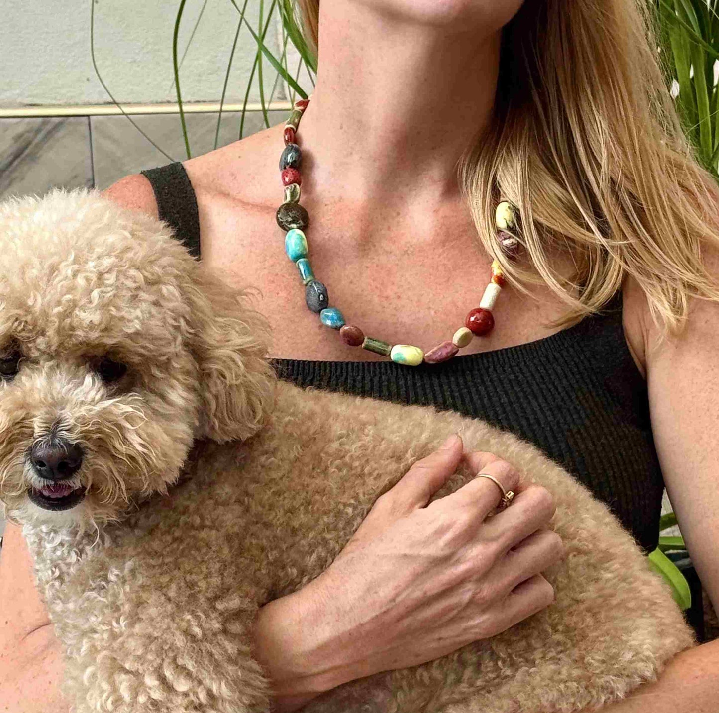 Multicolored ceramic beaded necklace, 50 cm / 19.7 in long, featuring handmade glazed beads in bright and earthy tones.