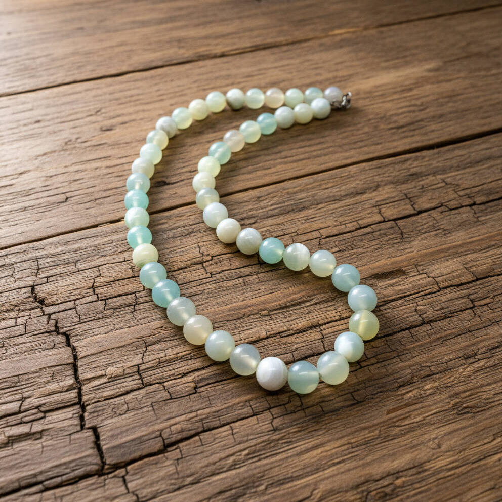 Agate necklace, 46 cm / 18.1 in long, featuring round pastel-toned agate beads in light green and cream.