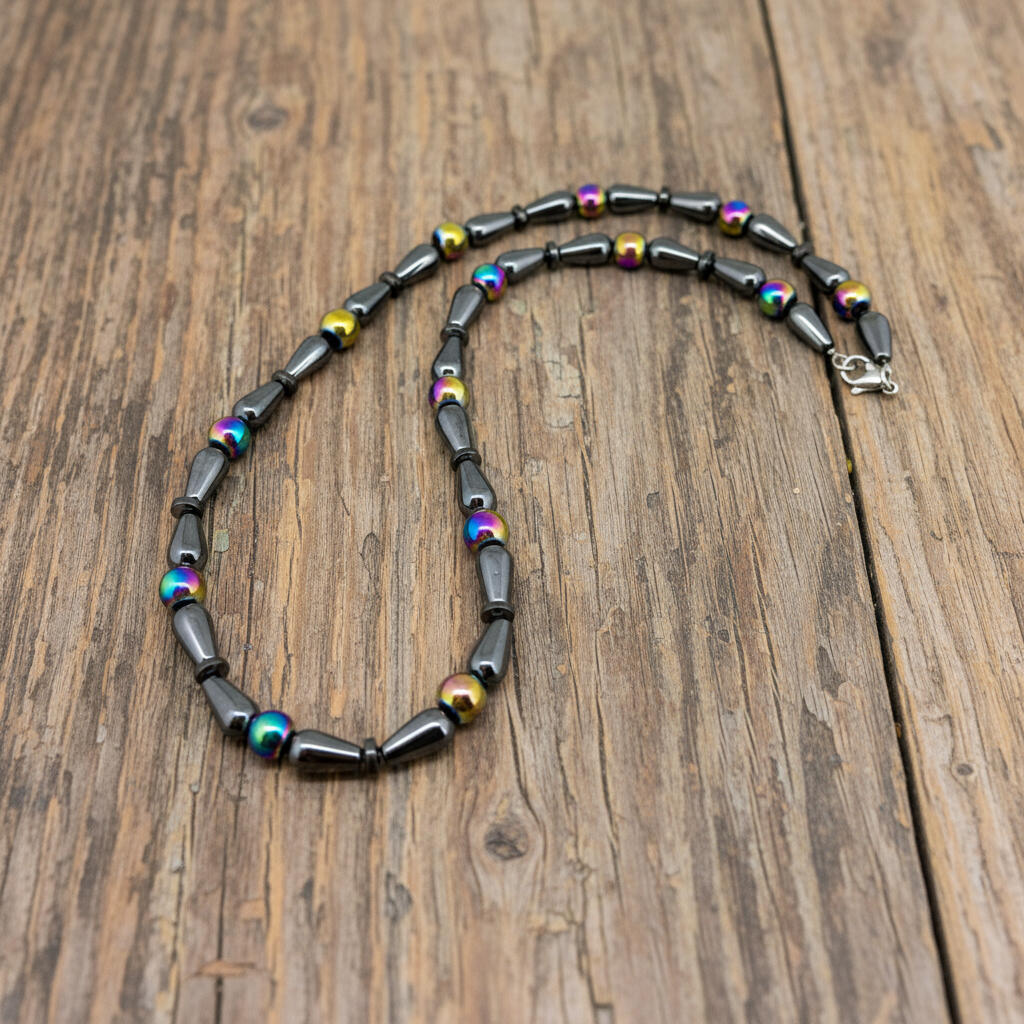 Hematite beaded necklace, 48 cm / 18.9 in long, featuring metallic grey stones with colorful accent beads.
