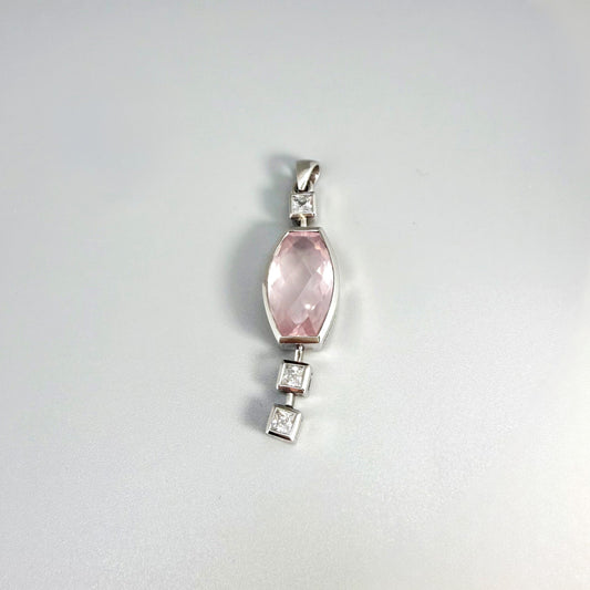 Handmade white gold plated silver pendant with 14.76 ct rose quartz and cubic zirconia accents, elegant and refined design.