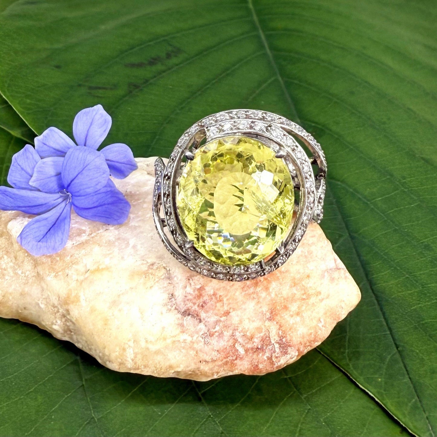 Lemon quartz and CZ ring in white gold plated sterling silver, featuring a faceted yellow gemstone framed by clear cubic zirconia, elegant and radiant design.