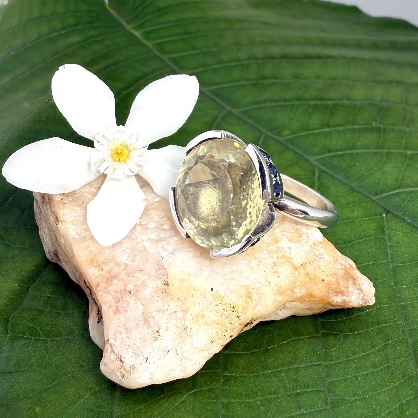 Lemon quartz and sapphire ring in white gold plated sterling silver, featuring a faceted yellow-green gemstone framed by deep blue sapphires, elegant and vibrant design.