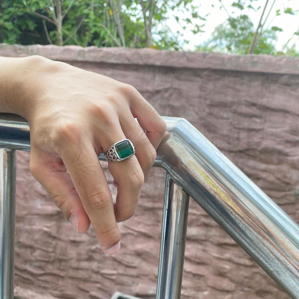 White gold plated silver ring with Chalcedony