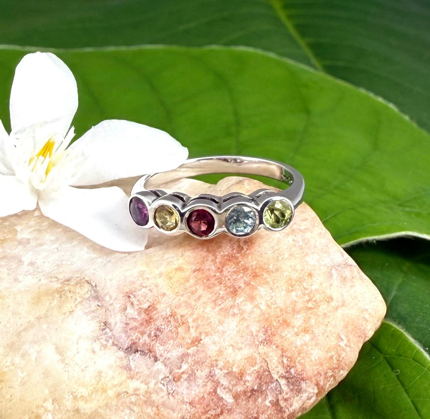 White Gold plated Silver Ring with Citrine, Sapphire, Tourmaline, Rhodolite & Topaz