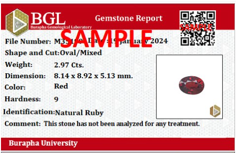 BGL Gemstone Report from Burapha University Chanthaburi showing gem identification, treatment status and photo for authenticity verification.