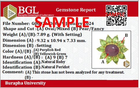 BGL gemstone certificate showing two gemstones analyzed in one report, with labeled photo reference and identification details.