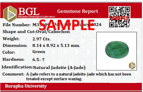 BGL gemstone report with photo and analytical results confirming authenticity, gem composition and treatment status, issued by Burapha University Chanthaburi.
