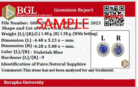 BGL gemstone certificate showing two gemstones analyzed in one report, with labeled photo reference and identification details.