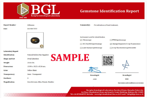 BGL full gemstone identification report showing advanced analysis results, treatment comment, and gem photo issued by Burapha University Chanthaburi.