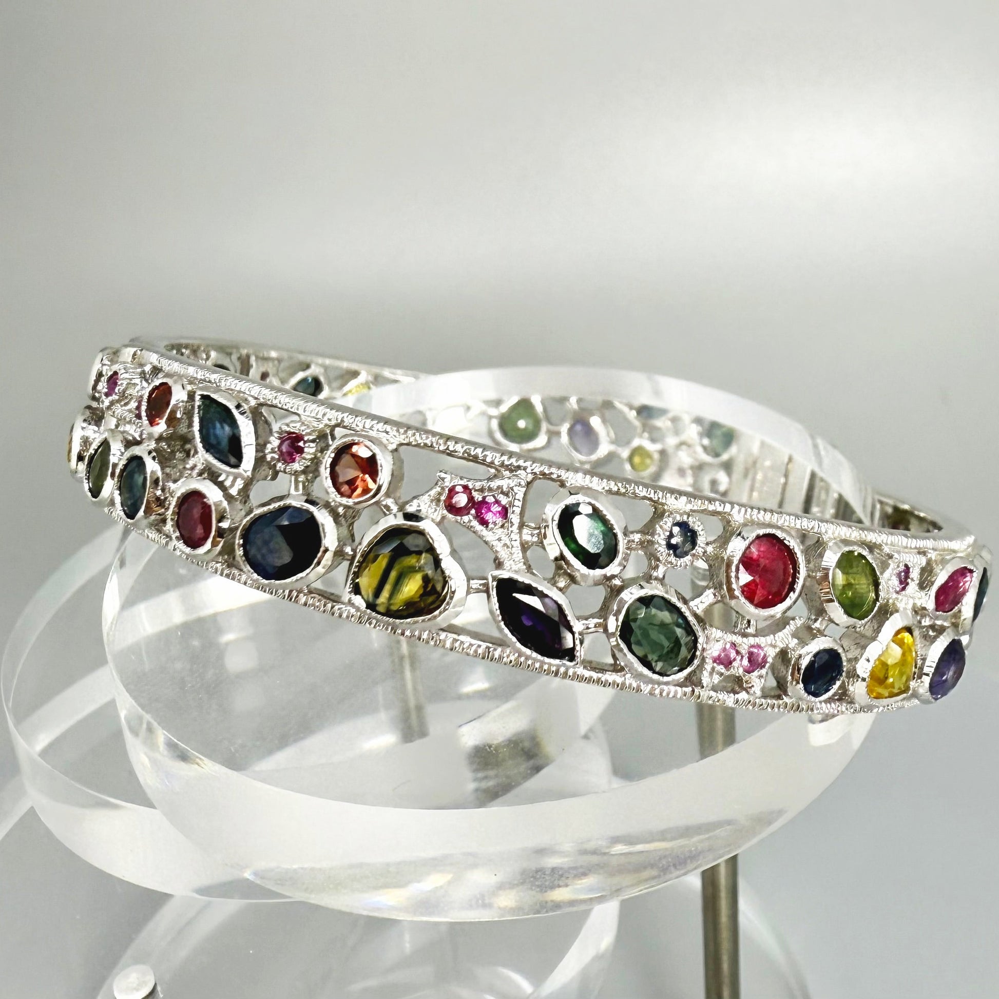 White gold plated silver bangle with  Sapphire multicolor