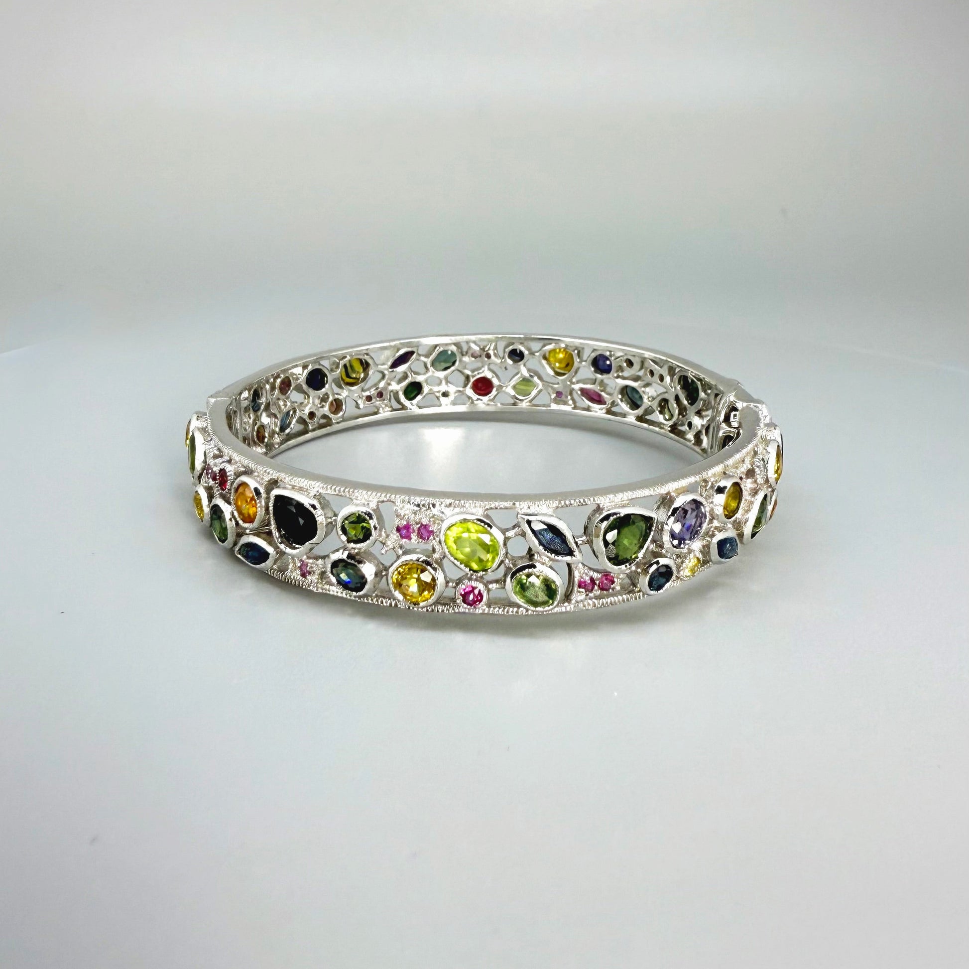 White gold plated silver bangle with  Sapphire multicolor
