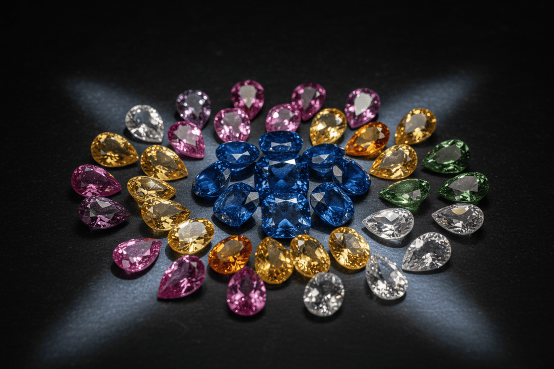Different colours of sapphire gemstones including blue, green, teal, pink, purple, and white