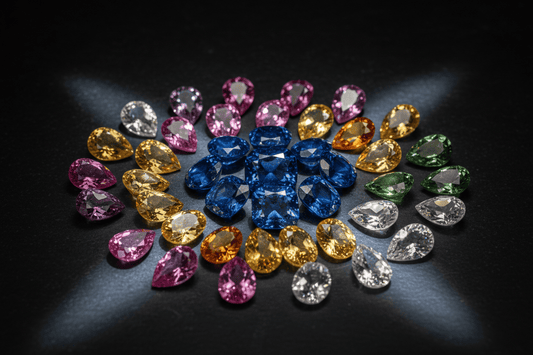 Different colours of sapphire gemstones including blue, green, teal, pink, purple, and white