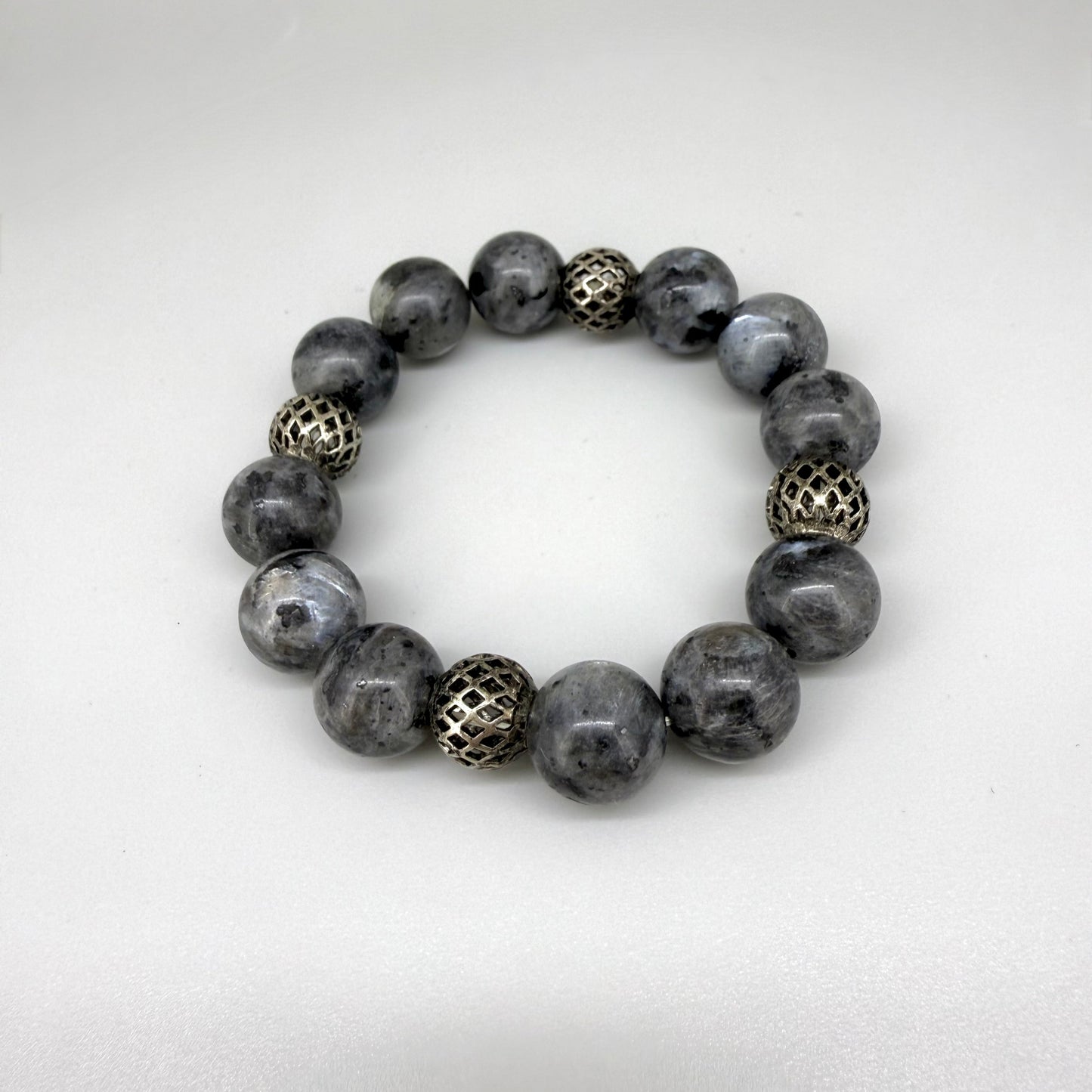 Handmade natural Labradorite beaded bracelet, with textured metal spacer beads on elastic band.
