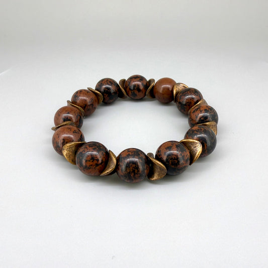 Mahogany obsidian beaded bracelet, 17cm, natural brown and black gemstone beads with copper-colored spacer accents on elastic stretch band.