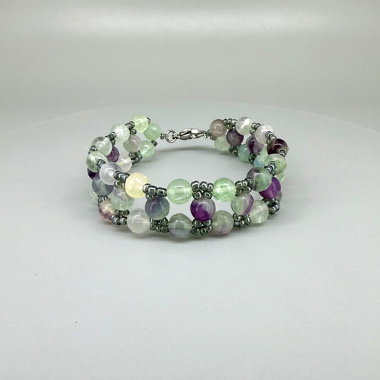 Fluorite beaded bracelet, multi pastel hues, natural gemstone beads with toggle clasp.