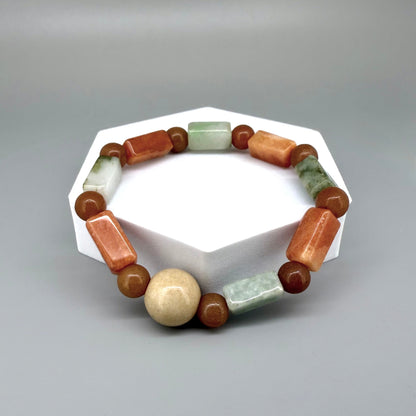 Jade beaded bracelet, 19cm, cream, orange, and brown baguette-style gemstone beads with round spacers on elastic stretch band.
