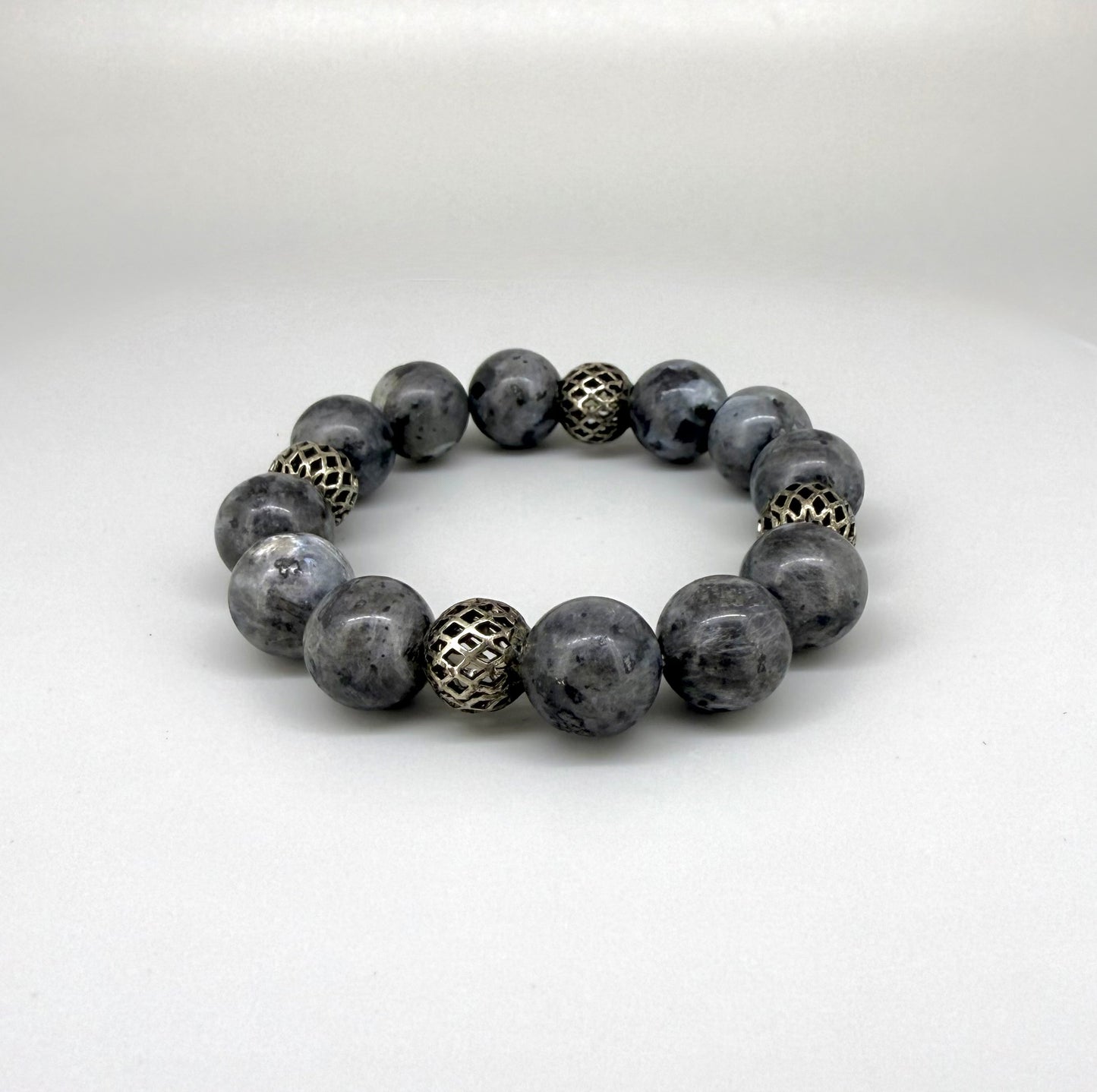 Handmade natural Labradorite beaded bracelet, with textured metal spacer beads on elastic band.