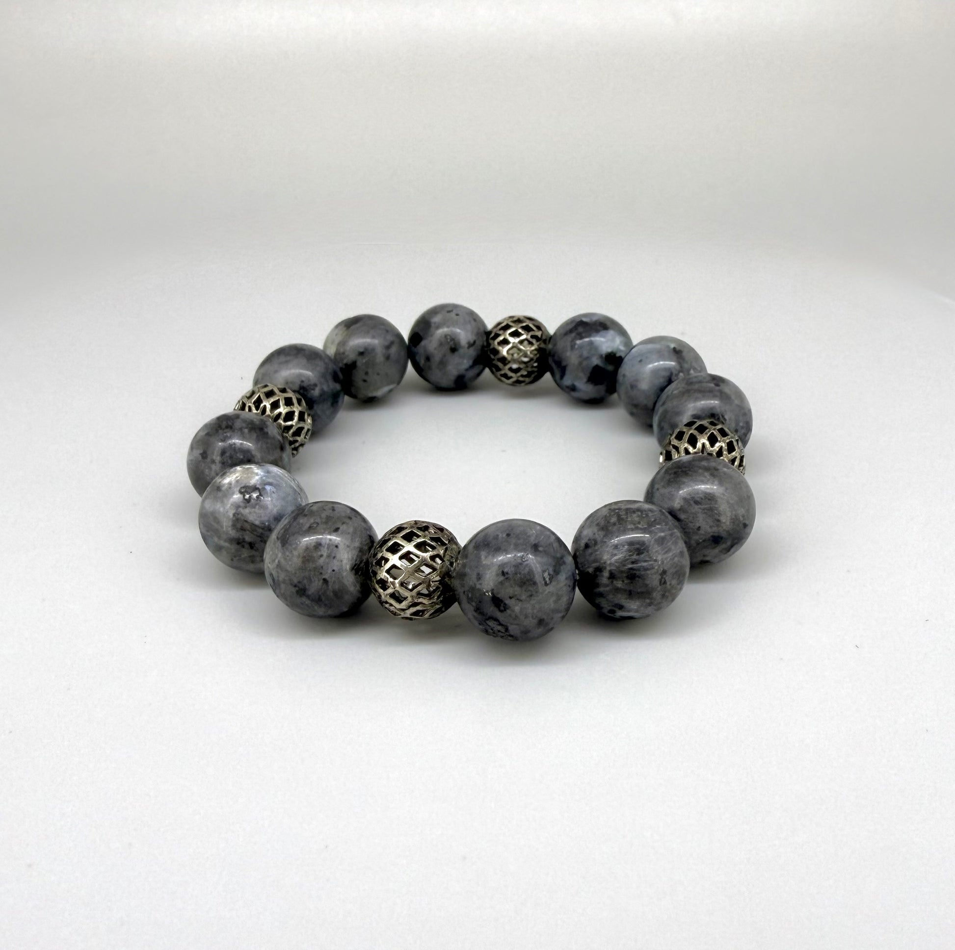 Handmade natural Labradorite beaded bracelet, with textured metal spacer beads on elastic band.
