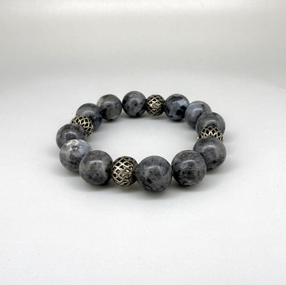 Handmade natural Labradorite beaded bracelet, with textured metal spacer beads on elastic band.