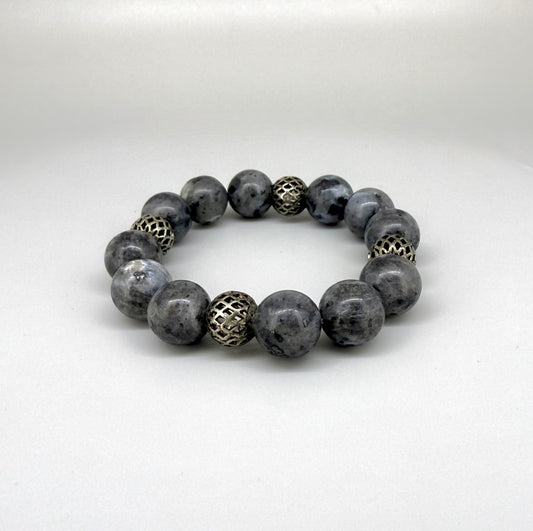 Handmade natural Labradorite beaded bracelet, with textured metal spacer beads on elastic band.