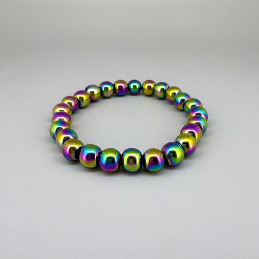 Rainbow hematite beaded bracelet, 18cm, iridescent multicolor gemstone beads on elastic stretch band.