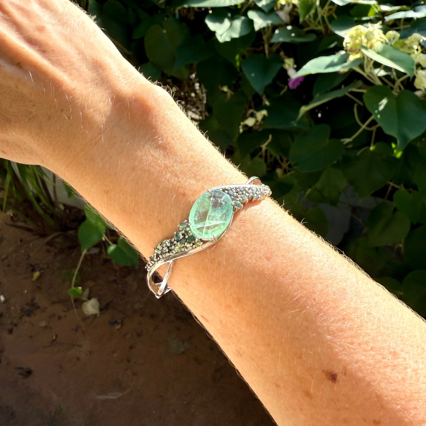 Fluorite and sapphire silver bangle plated in white gold