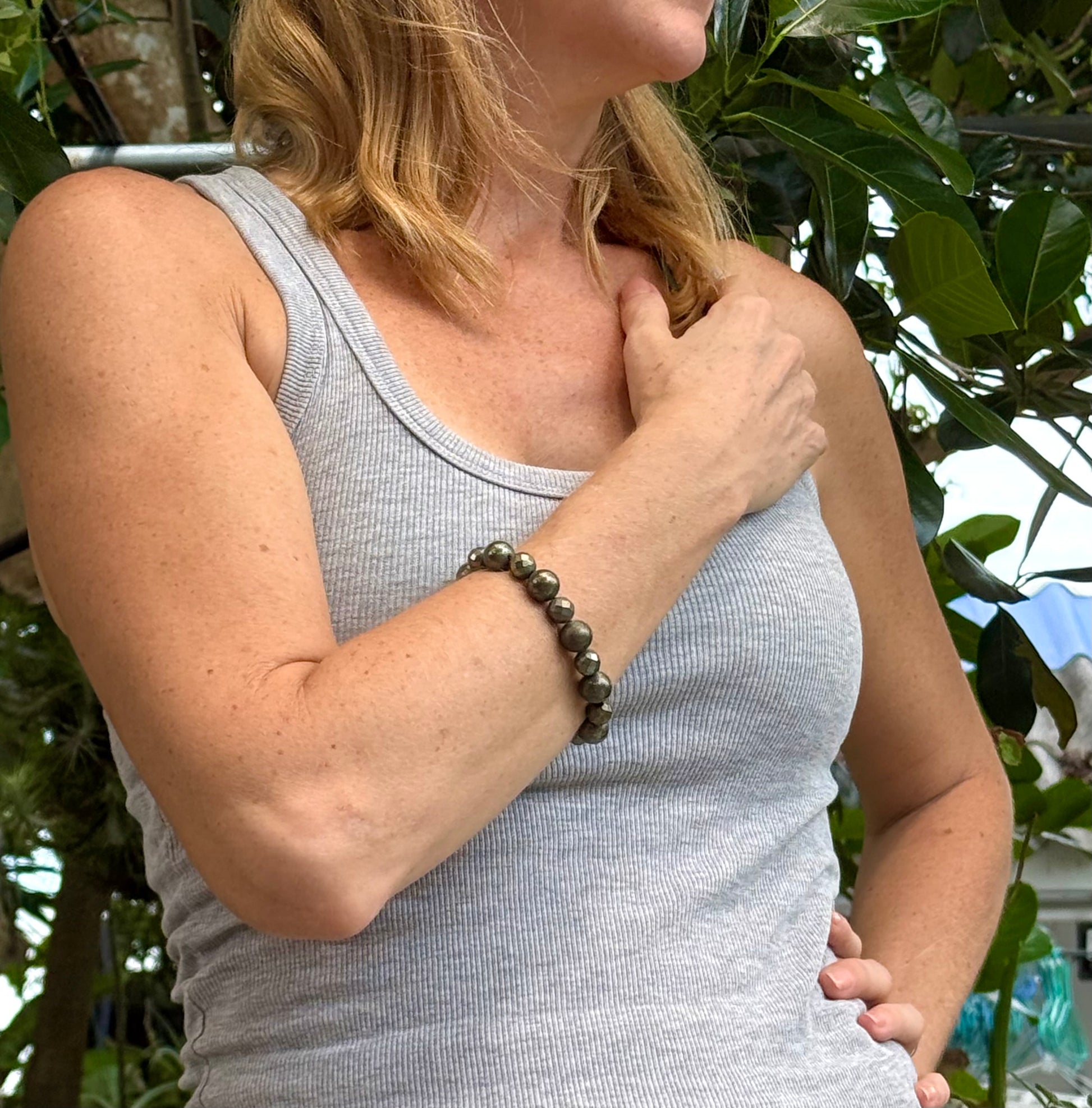 Pyrite beaded bracelet, 20cm, metallic golden-grey gemstone beads on elastic stretch band.
