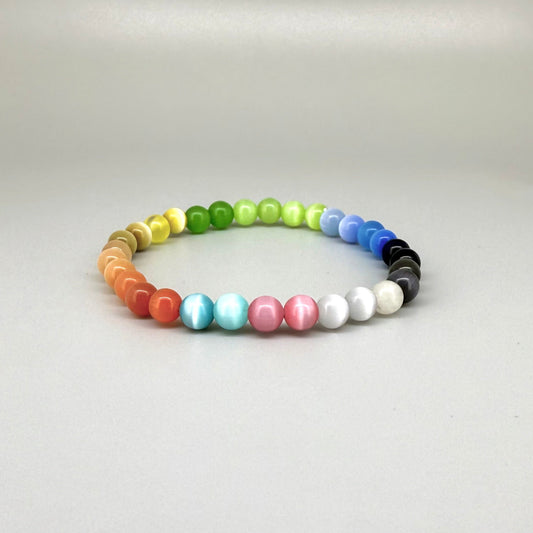 Cat’s Eye multicolor beaded bracelet, 18cm, natural gemstone beads with shimmering light effect on elastic stretch band.